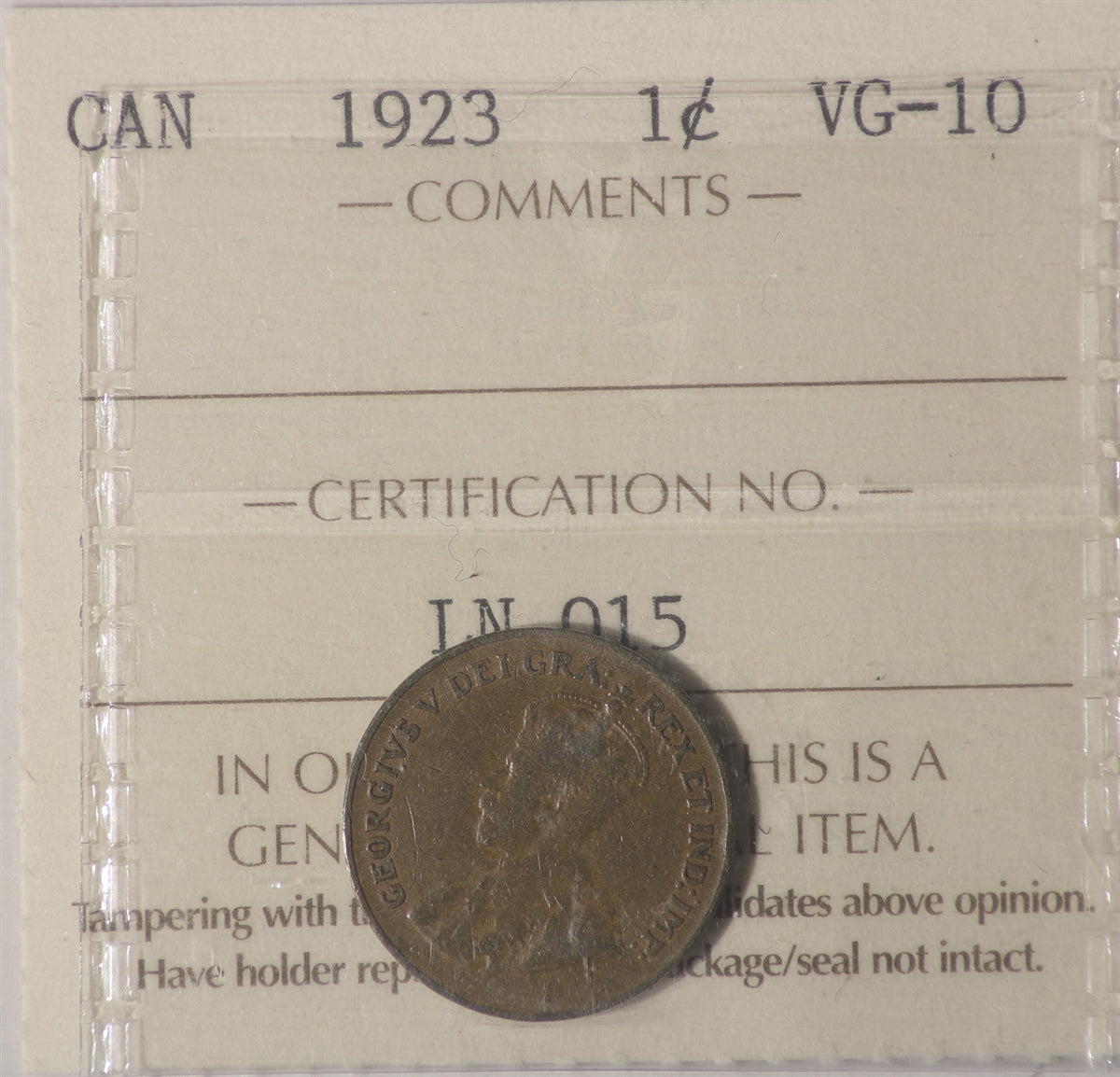 1923 Canada 1-cent ICCS Certified VG10