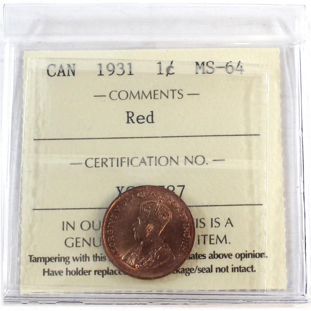 1931 Canada 1-cent ICCS Certified MS64 Red (XCE 787)