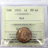 1932 Canada 1-cent ICCS Certified MS64 Red (XCE 788)