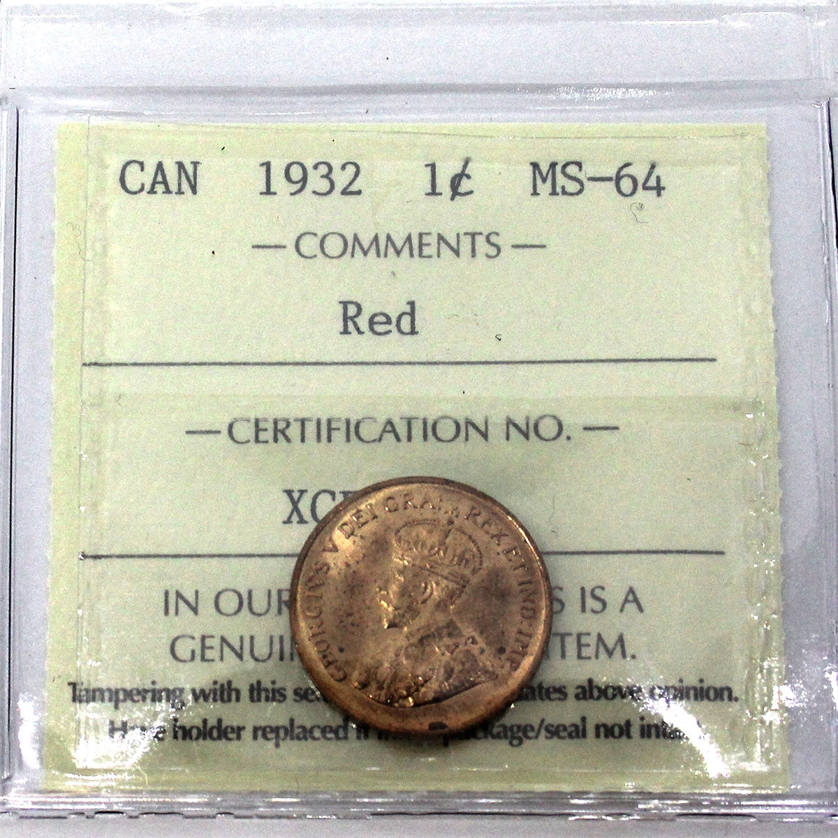 1932 Canada 1-cent ICCS Certified MS64 Red (XCE 788)