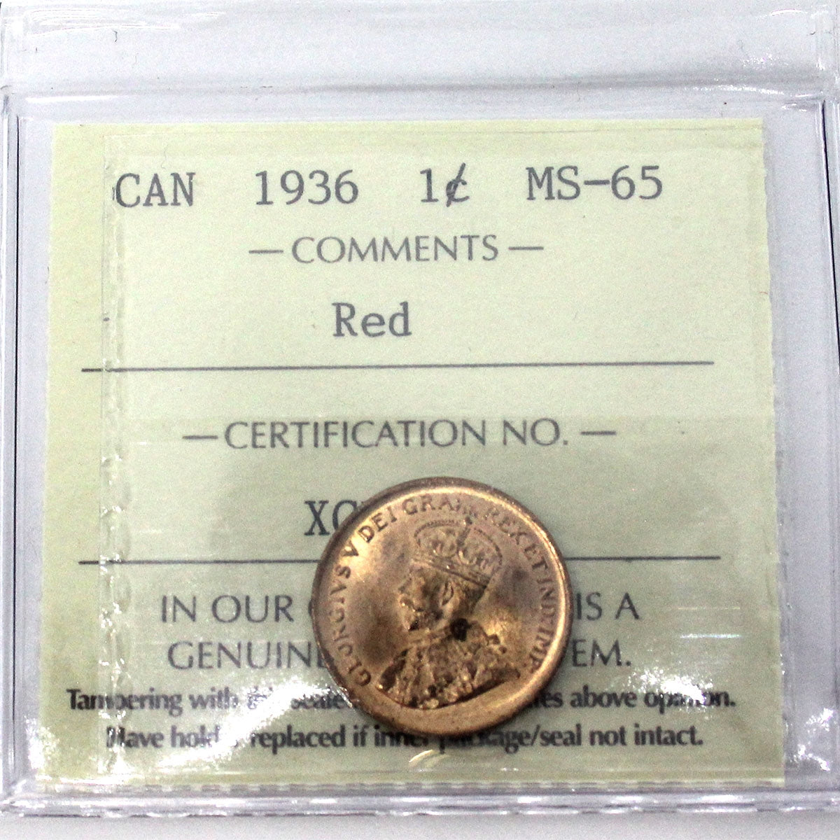 1936 Canada 1-cent ICCS Certified MS65 Red (XCE 813)