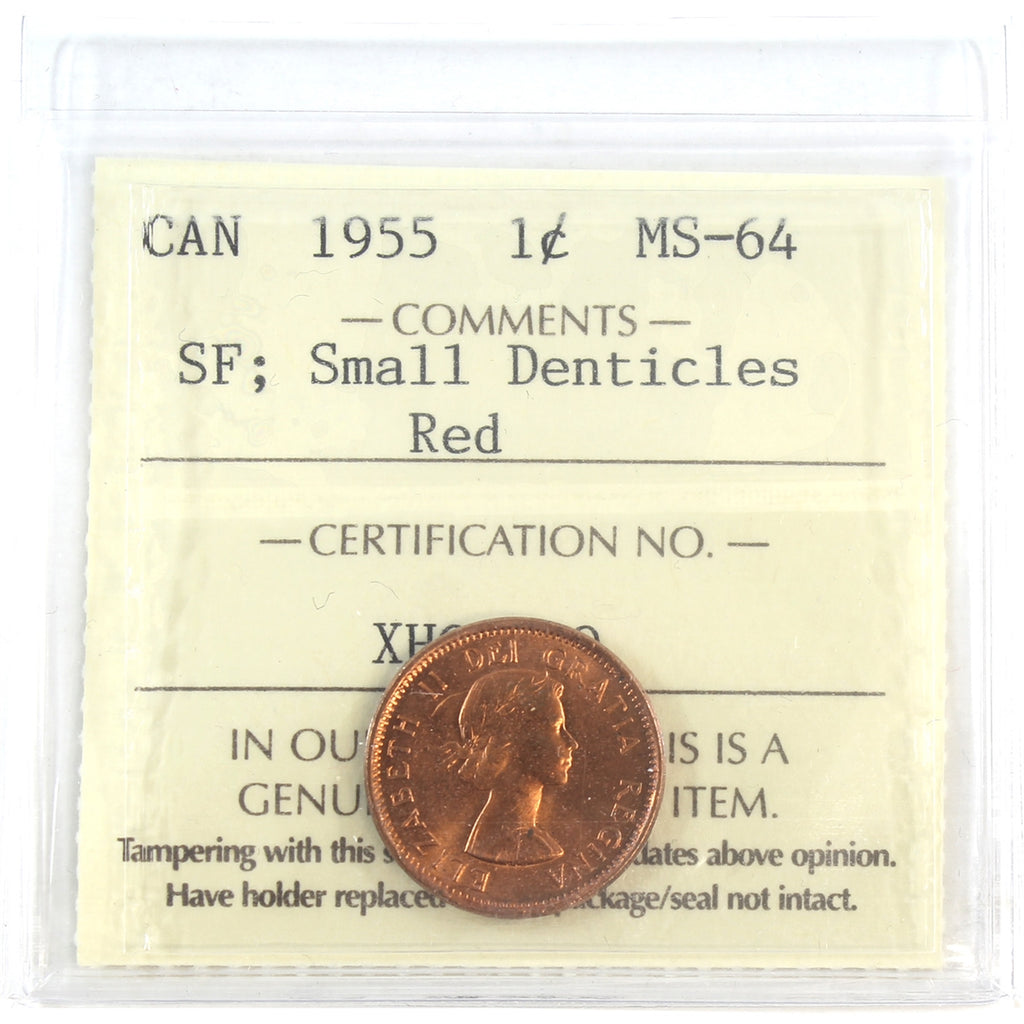 1955 SF, Small Denticles Canada 1-cent ICCS Certified MS64 Red