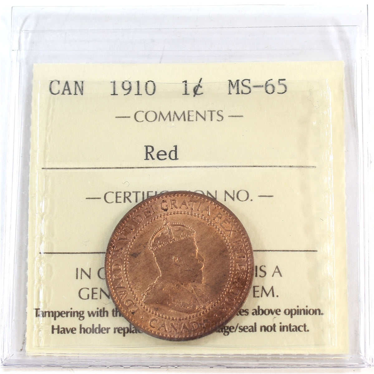 1910 Canada 1-cent ICCS Certified MS65 Red (XIC 359)