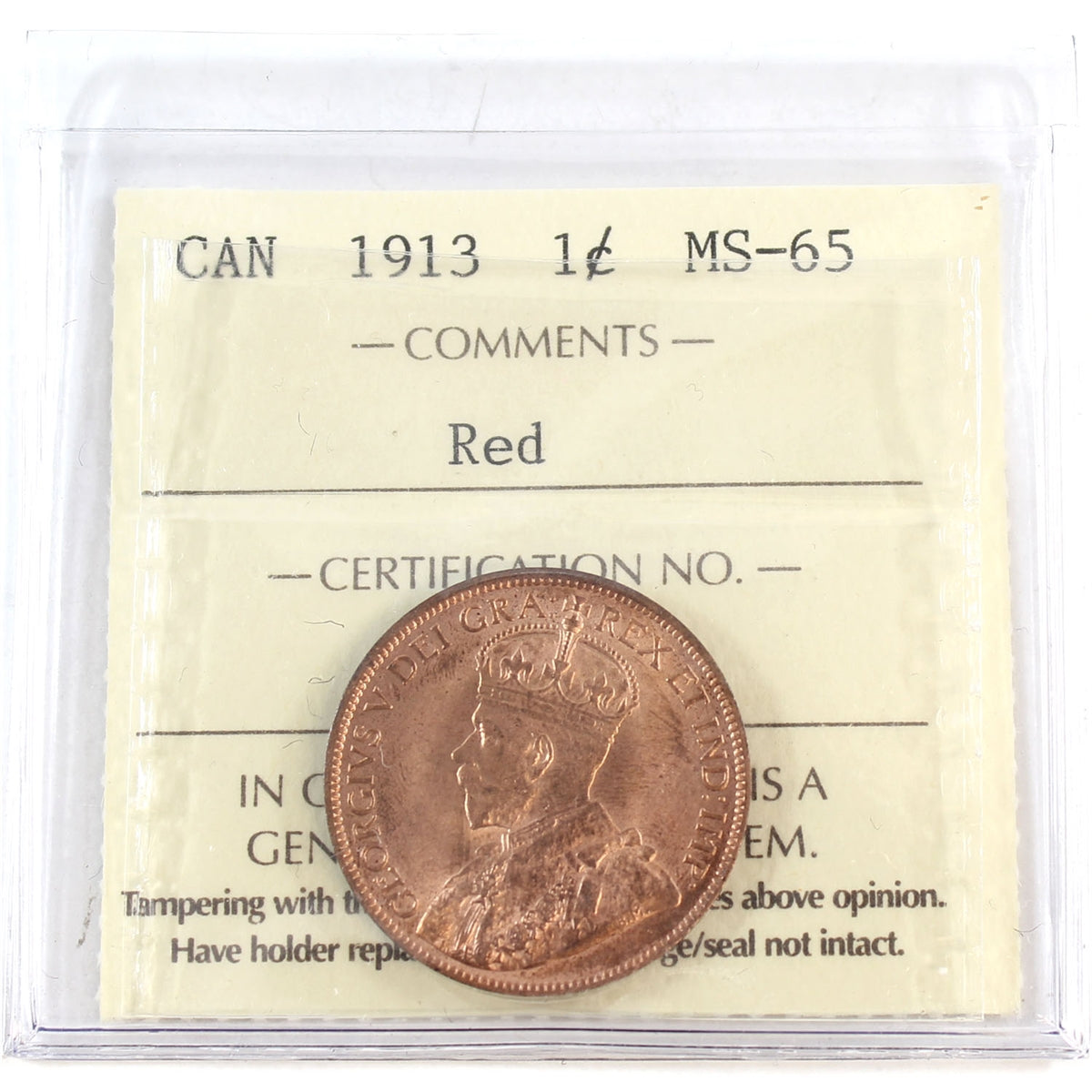 1913 Canada 1-cent ICCS Certified MS65 Red (XIC 370)