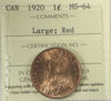 1920 Large Canada 1-cent ICCS Certified MS64 Red (XUM 453)