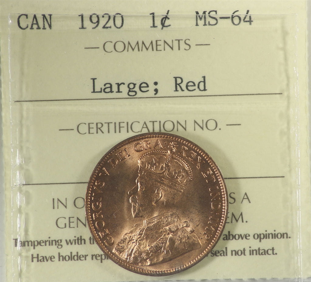 1920 Large Canada 1-cent ICCS Certified MS64 Red (XUM 453)