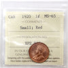 1920 Small Canada 1-cent ICCS Certified MS65 Red (XPZ 946)