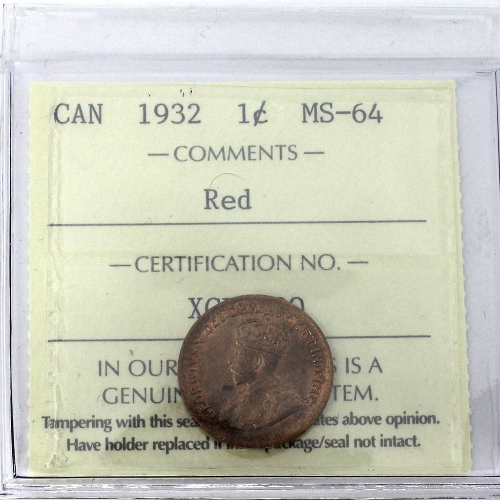 1932 Canada 1-cent ICCS Certified MS64 Red (XCE 790)