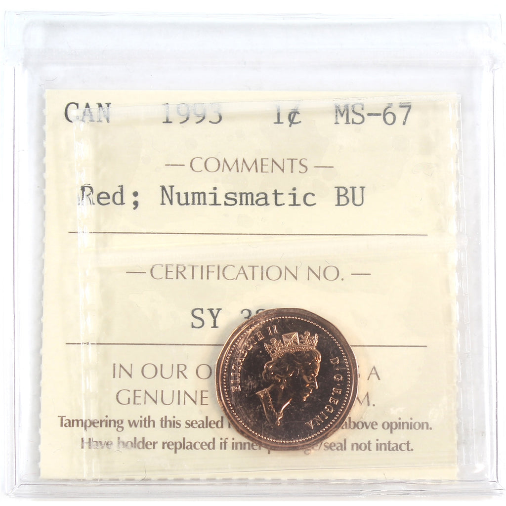 1993 Canada 1-cent ICCS Certified MS67 Red; Numismatic BU