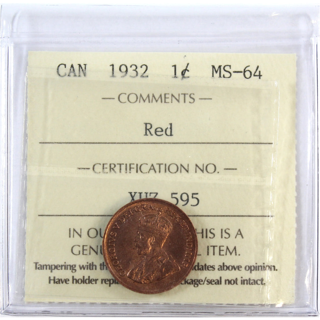 1932 Canada 1-cent ICCS Certified MS64 Red