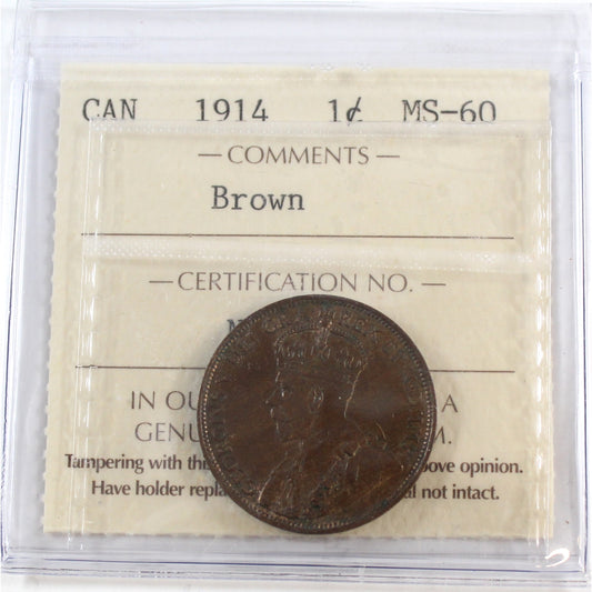 1914 Canada 1-cent ICCS Certified MS60 Brown