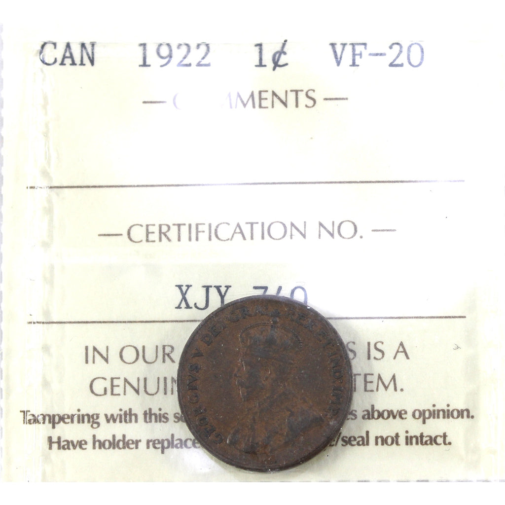 1922 Canada 1-cent ICCS Certified VF20