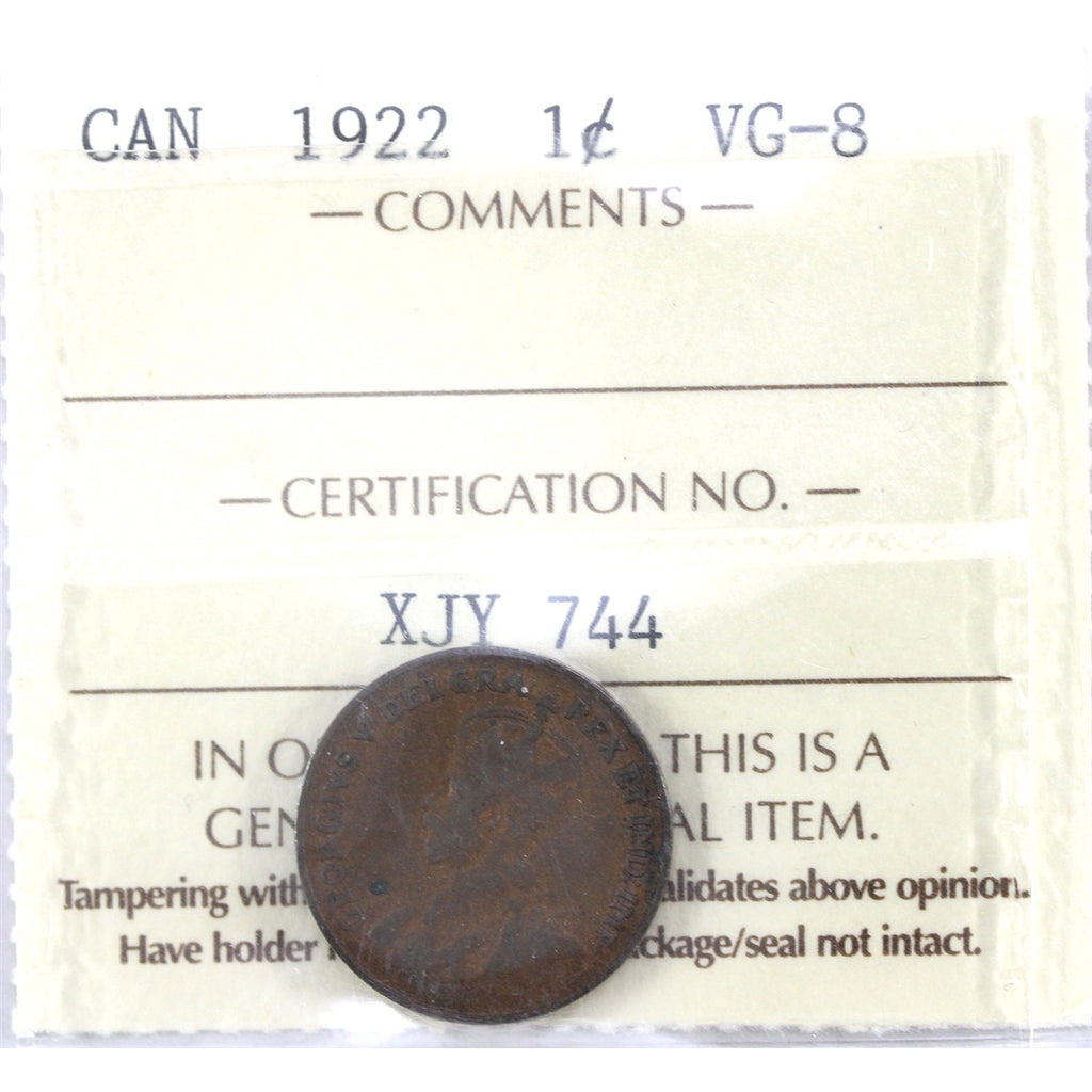 1922 Canada 1-cent ICCS Certified VG8