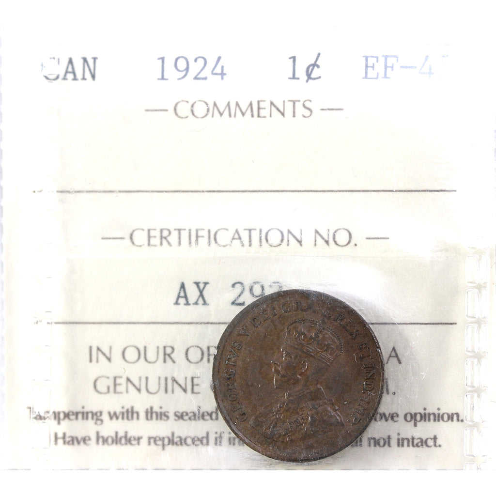 1924 Canada 1-cent ICCS Certified EF-45
