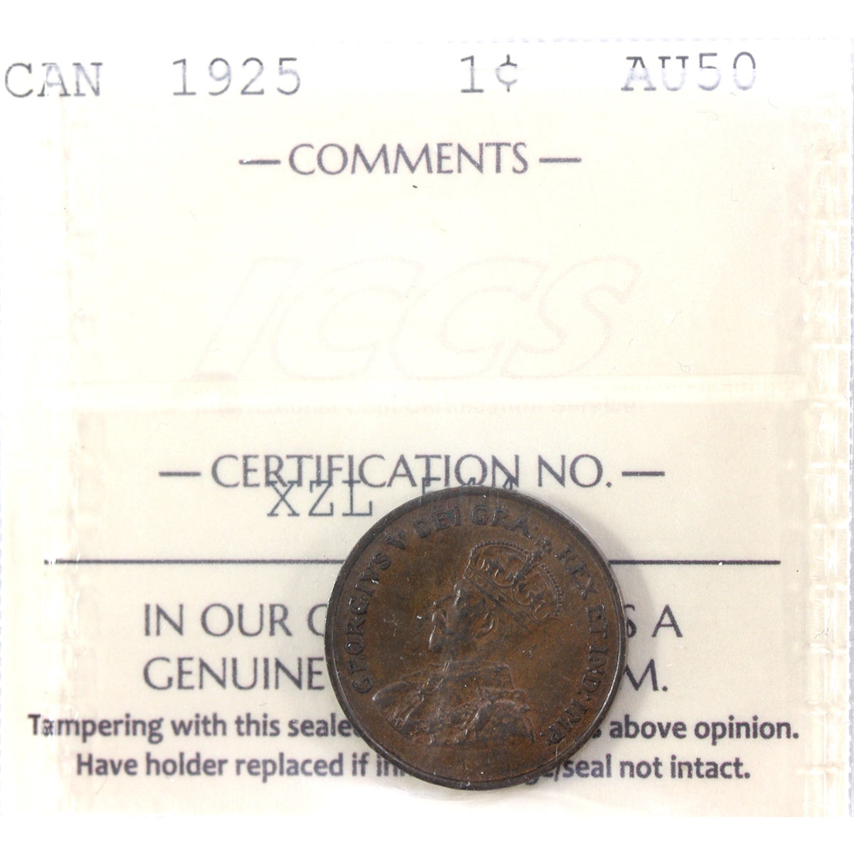 1925 Canada 1-cent ICCS Cerrified AU50