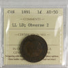 1891 LLLD, Obv. 2 Canada 1-cent ICCS Certified AU50