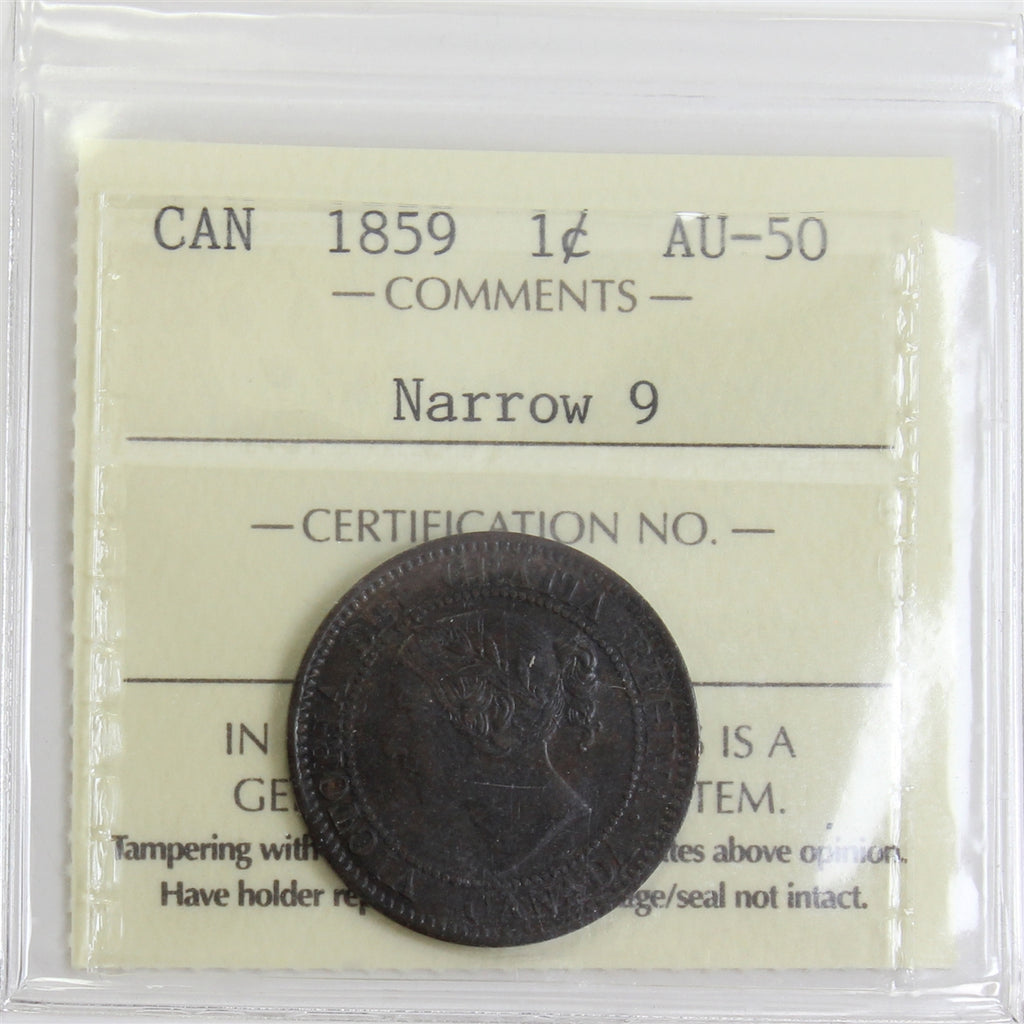 1859 Narrow 9 Canada 1-cent ICCS Certified AU-50