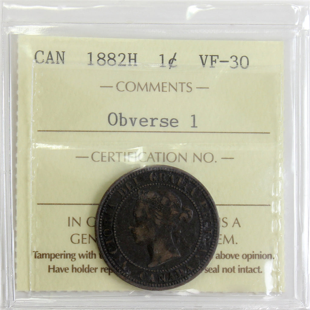 1882H Obv. 1 Canada 1-cent ICCS Certified VF-30