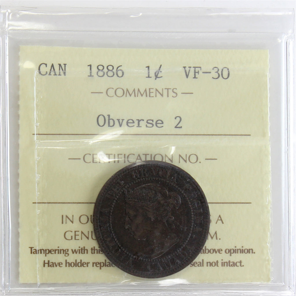 1886 Obv. 2 Canada 1-cent ICCS Certified VF-30