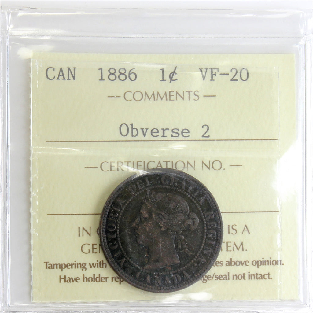 1886 Obv. 2 Canada 1-cent ICCS Certified VF20