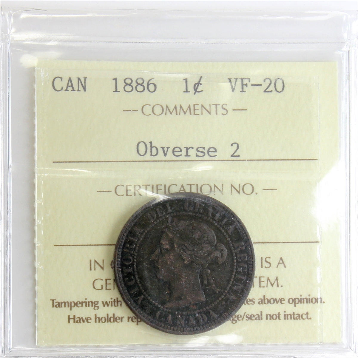 1886 Obv. 2 Canada 1-cent ICCS Certified VF20