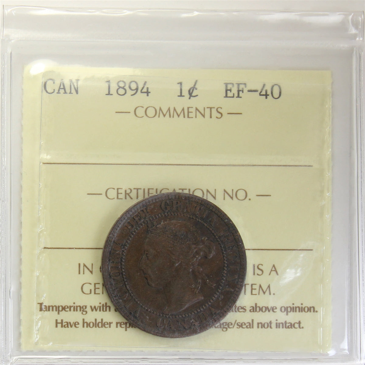 1894 Canada 1-cent ICCS Certified EF40