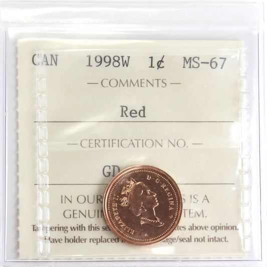 1998W Canada 1-cent ICCS Certified MS67 Red