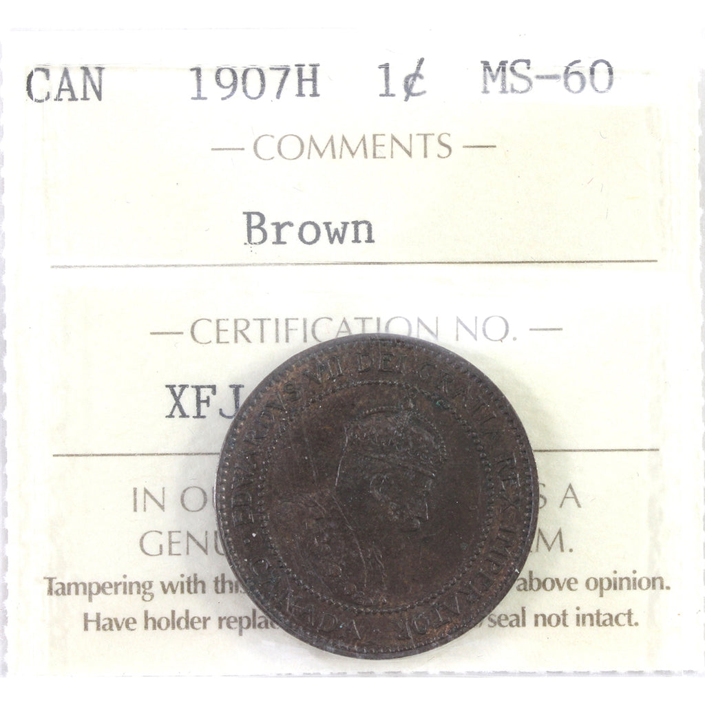 1907H Canada 1-cent ICCS Certified MS60 Brown (XFJ 025)