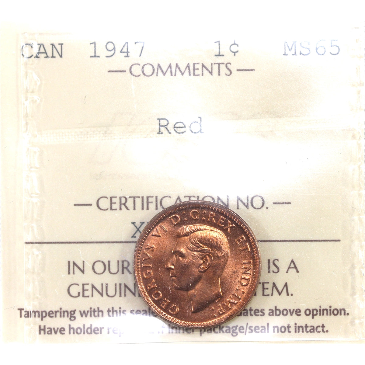 1947 Blunt 7 Canada 1-cent ICCS Certified MS65