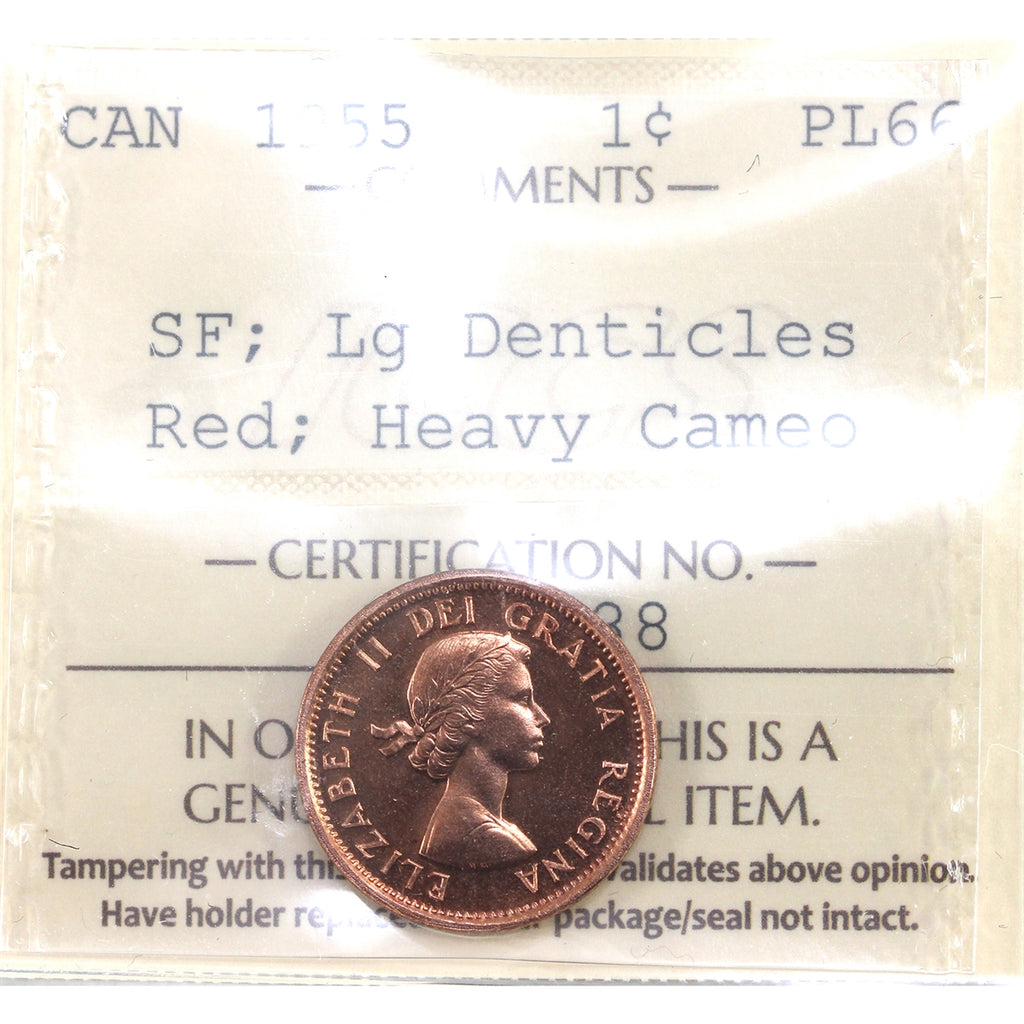 1955 SF, Large Denticles Canada 1-cent ICCS Certified PL66 Red, Heavy Cameo