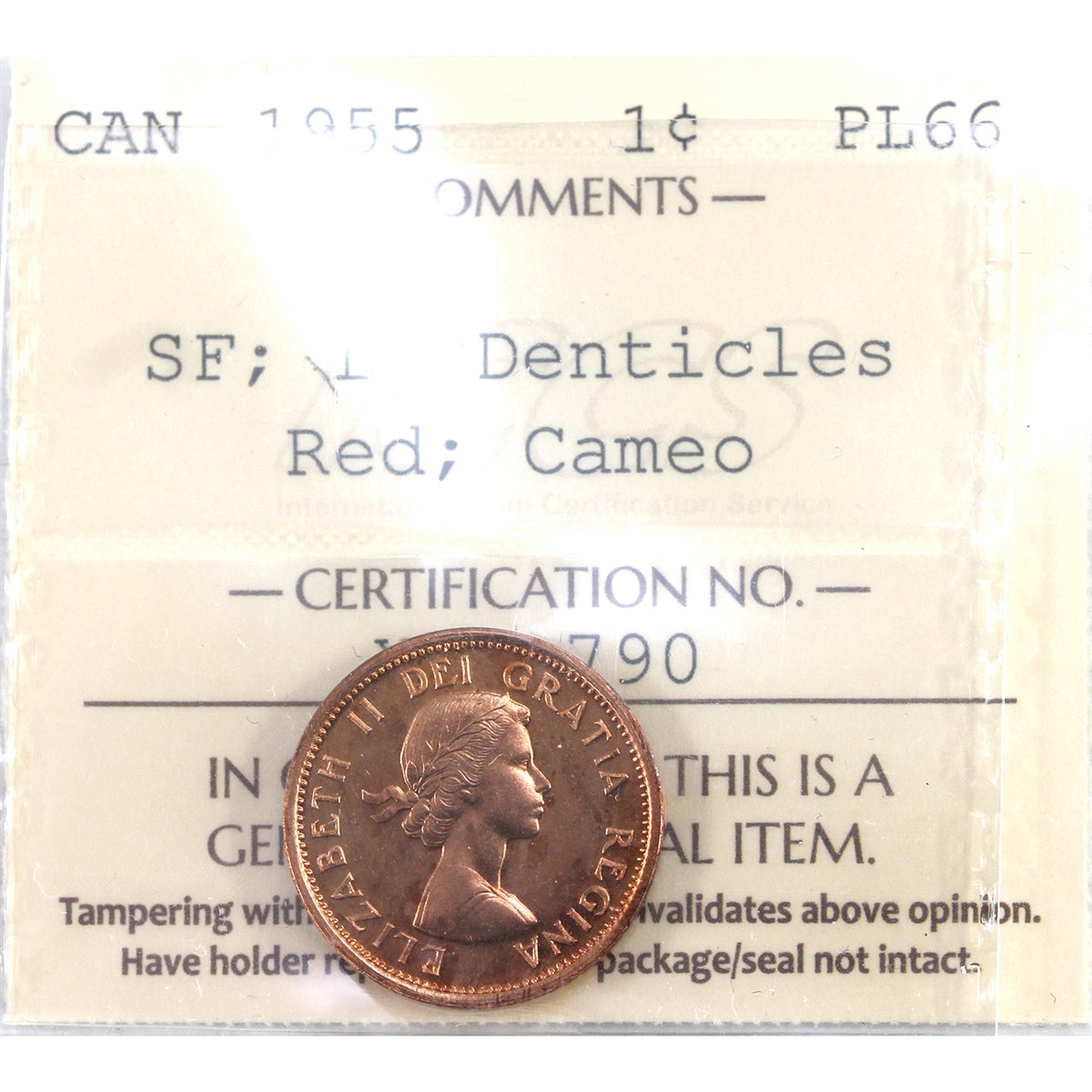 1955 SF, Large Denticles Canada 1-cent ICCS Certified PL66 Red, Cameo