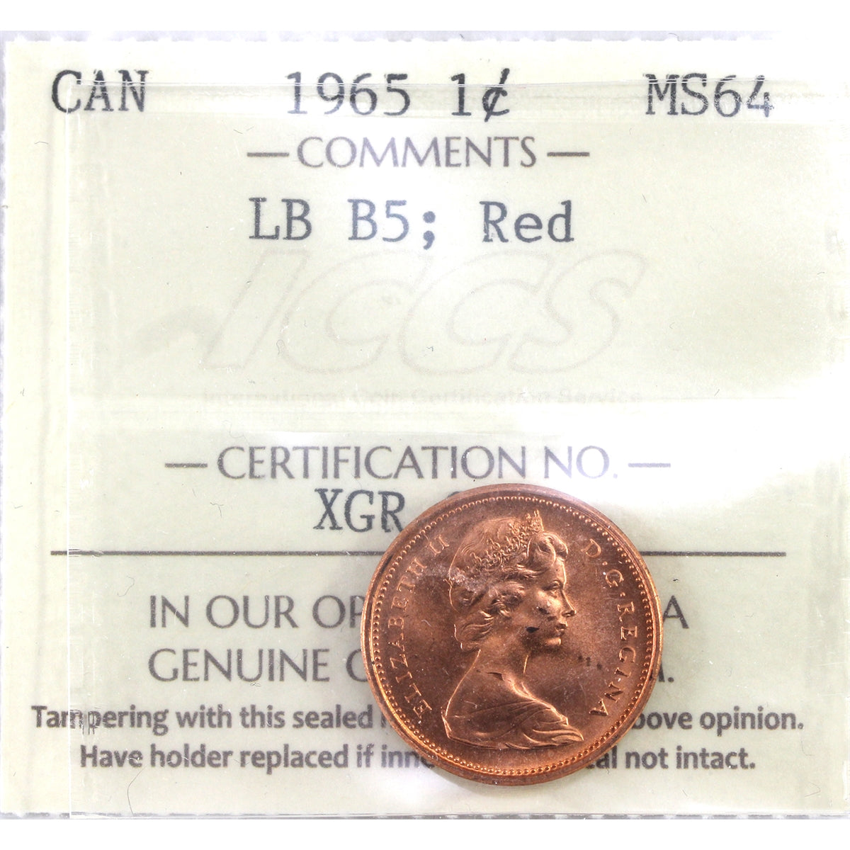 1965 LgBds Blt 5 (Type 3) Canada 1-cent ICCS Certified MS64 Red