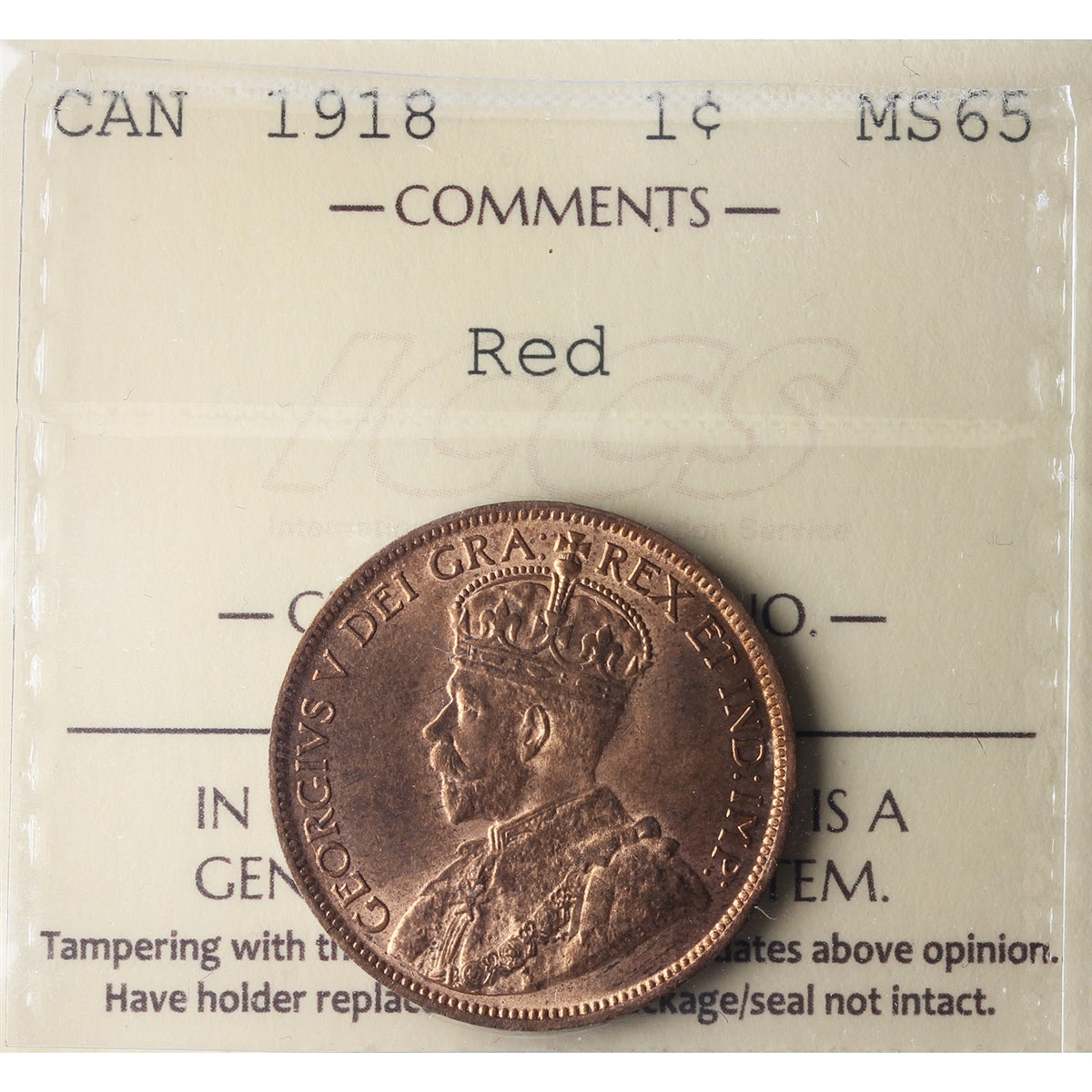 1918 Canada 1-cent ICCS Certified MS65 Red (XDM 378)