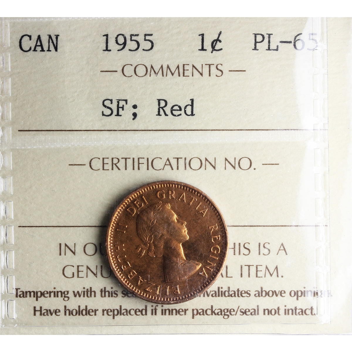 1955 SF Canada 1-cent ICCS Certified PL-65 Red