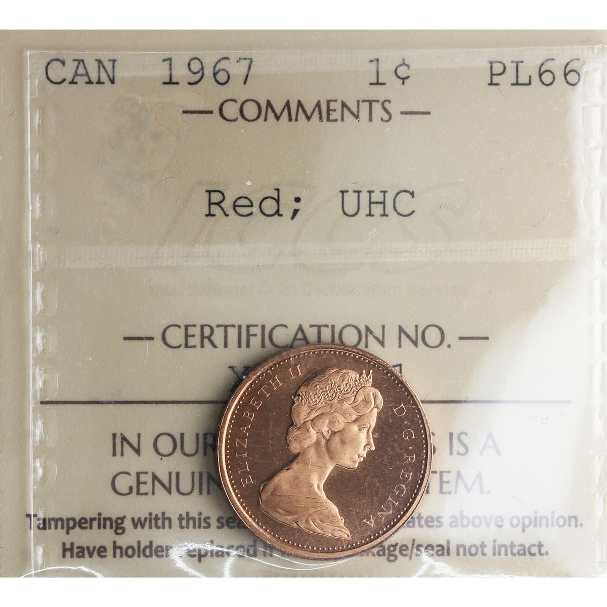 1967 Canada 1-cent ICCS Certified PL66 Red, UHC
