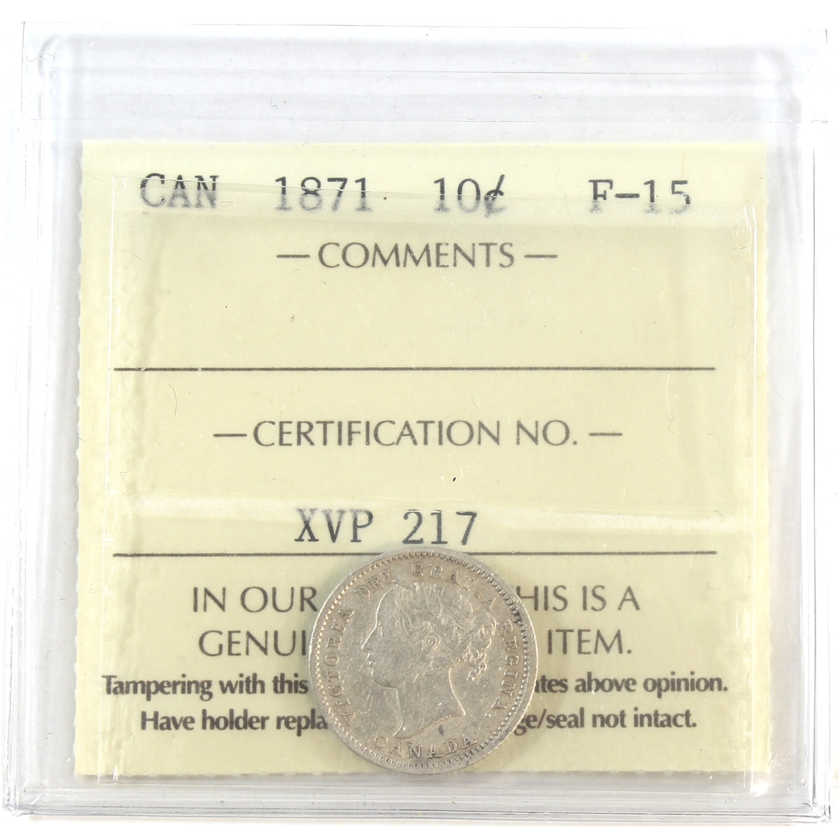 1871 Canada 10-cents ICCS Certified F15