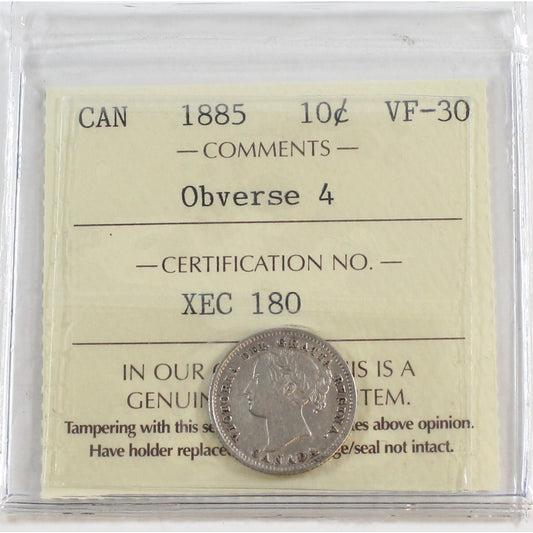 1885 Obv. 4 Canada 10-cents ICCS Certified VF30