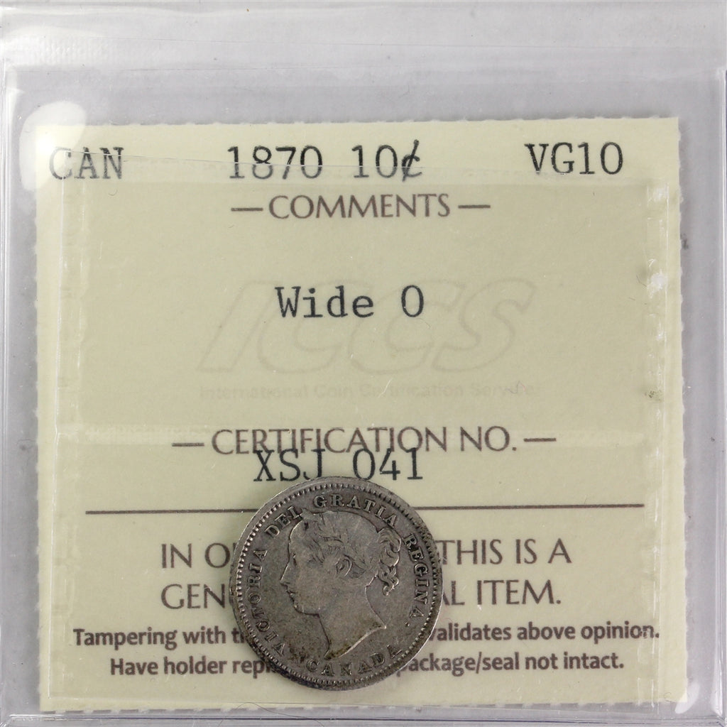 1870 Wide O Canada 10-cents ICCS Certified VG10