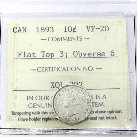 1893 Flat Top 3, Obv. 6 Canada 10-cents ICCS Certified VF20