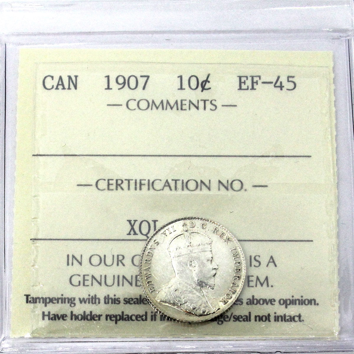 1907 Canada 10-cents ICCS Certified EF45
