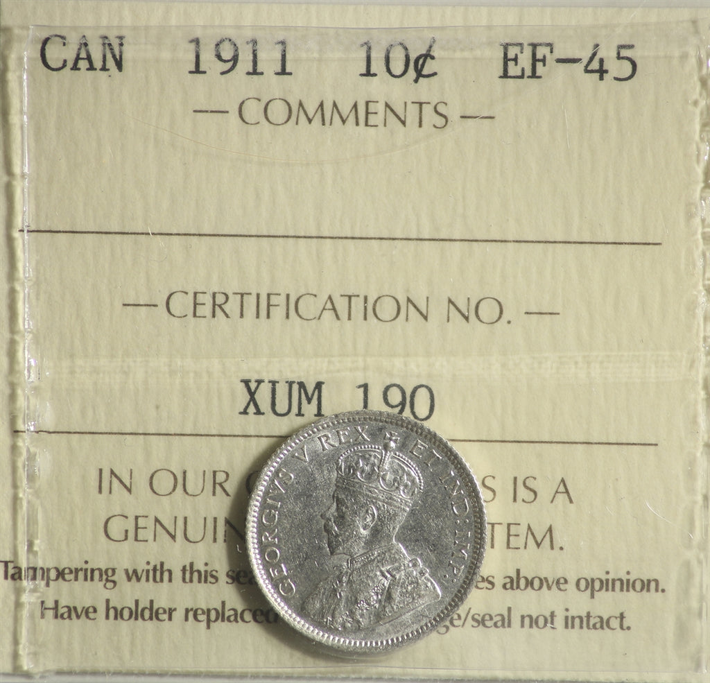 1911 Canada 10-cents ICCS Certified EF45