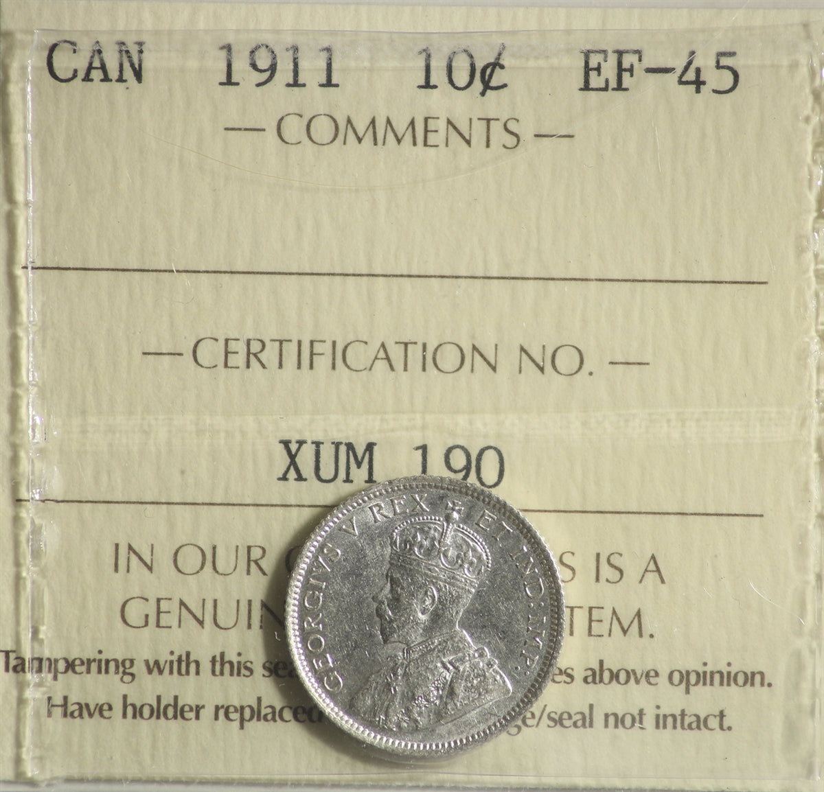 1911 Canada 10-cents ICCS Certified EF45