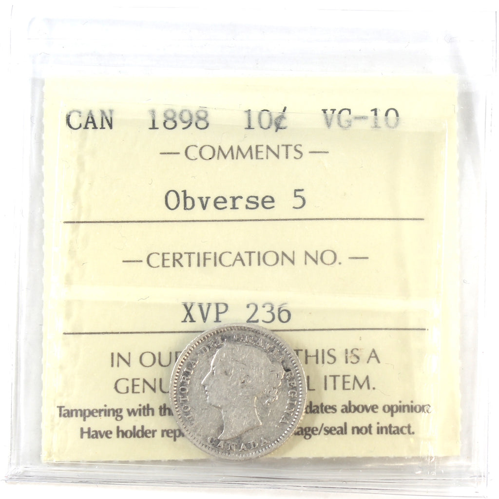 1898 Obv. 6 Canada 10-cents ICCS Certified VG10