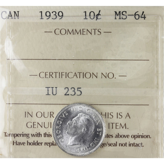 1939 Canada 10-cents ICCS Certified MS64