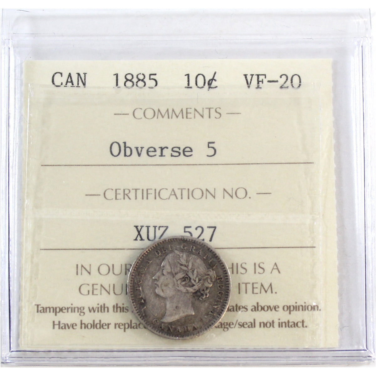 1885 Obv. 5 Canada 10-cents ICCS Certified VF-20
