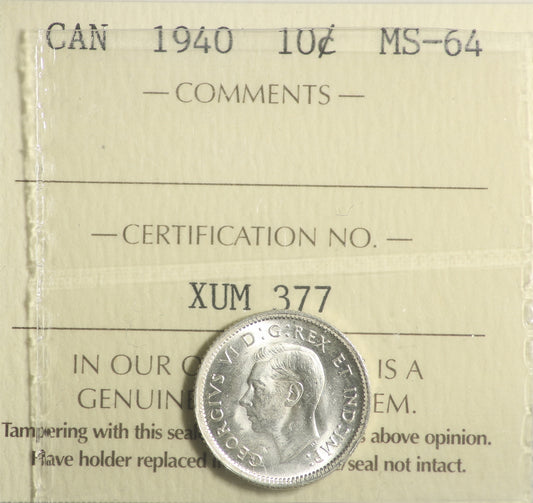 1940 Canada 10-cents ICCS Certified MS64