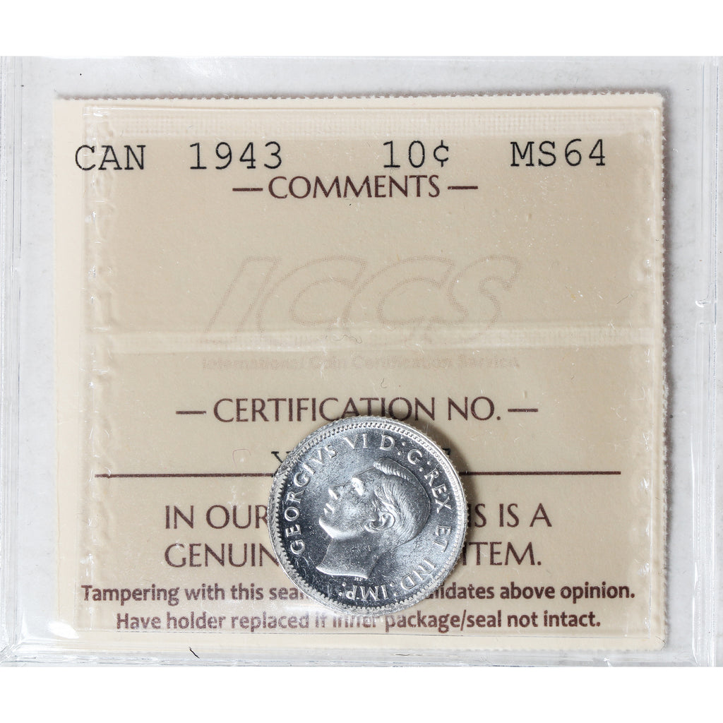 1943 Canada 10-cents ICCS Certified MS64