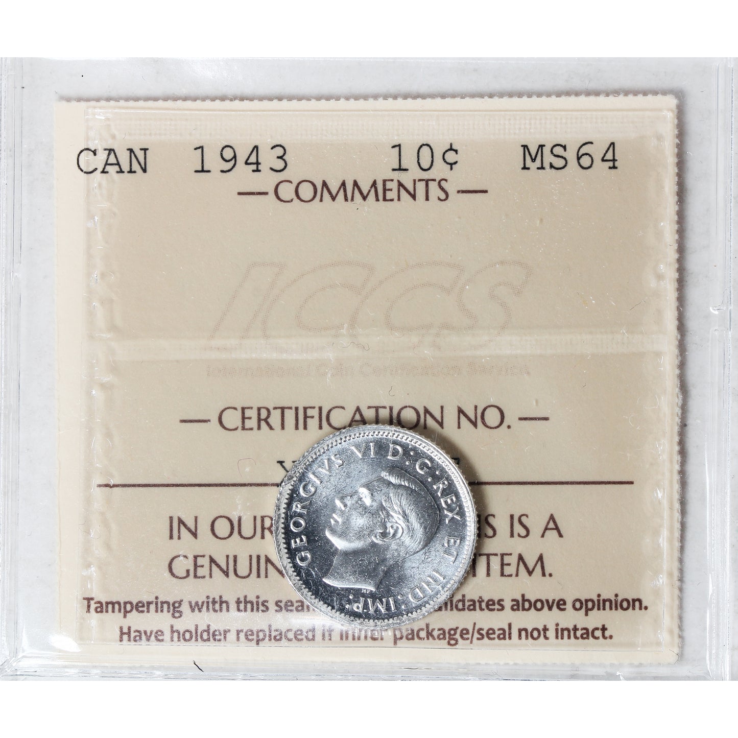 1943 Canada 10-cents ICCS Certified MS64