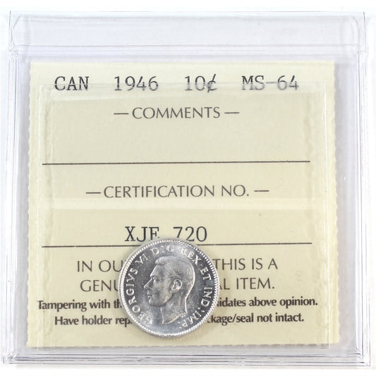 1946 Canada 10-cents ICCS Certified MS64
