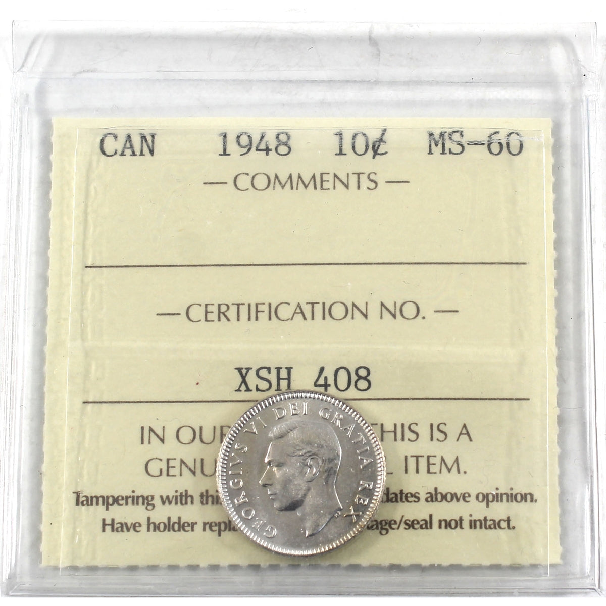 1948 Canada 10-cents ICCS Certified MS-60